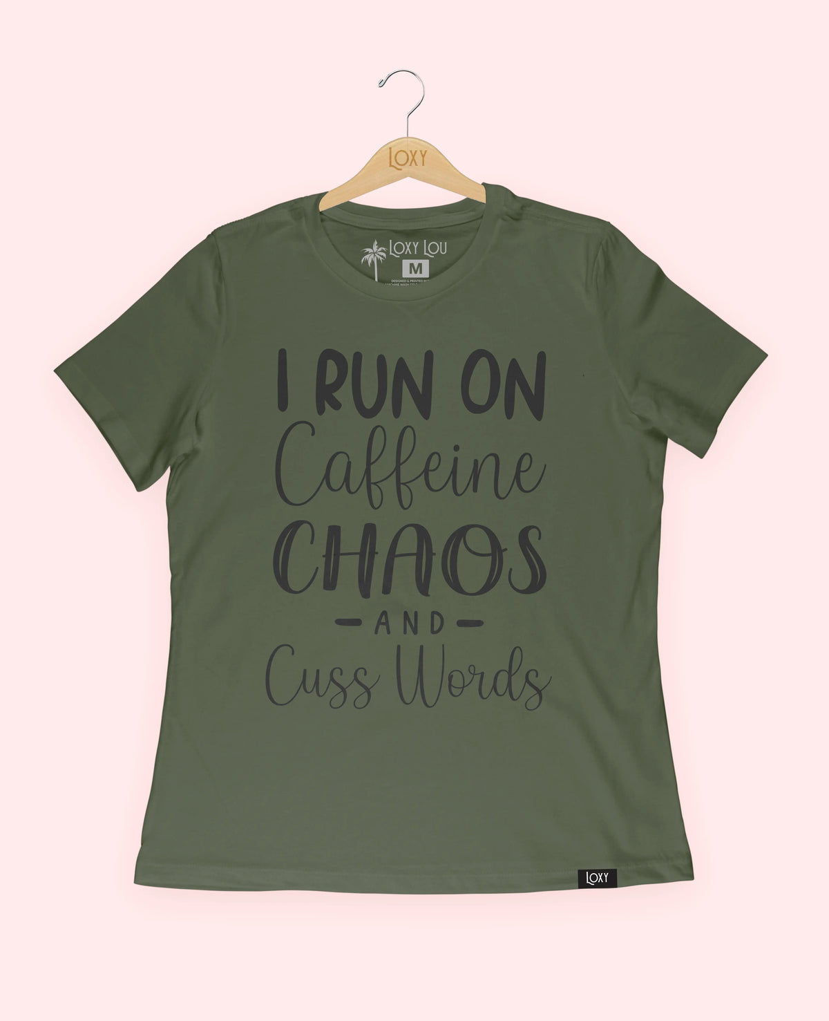 Military Green Tee 6400 Caffeine Chaos &amp; Cuss Words - Black.webp