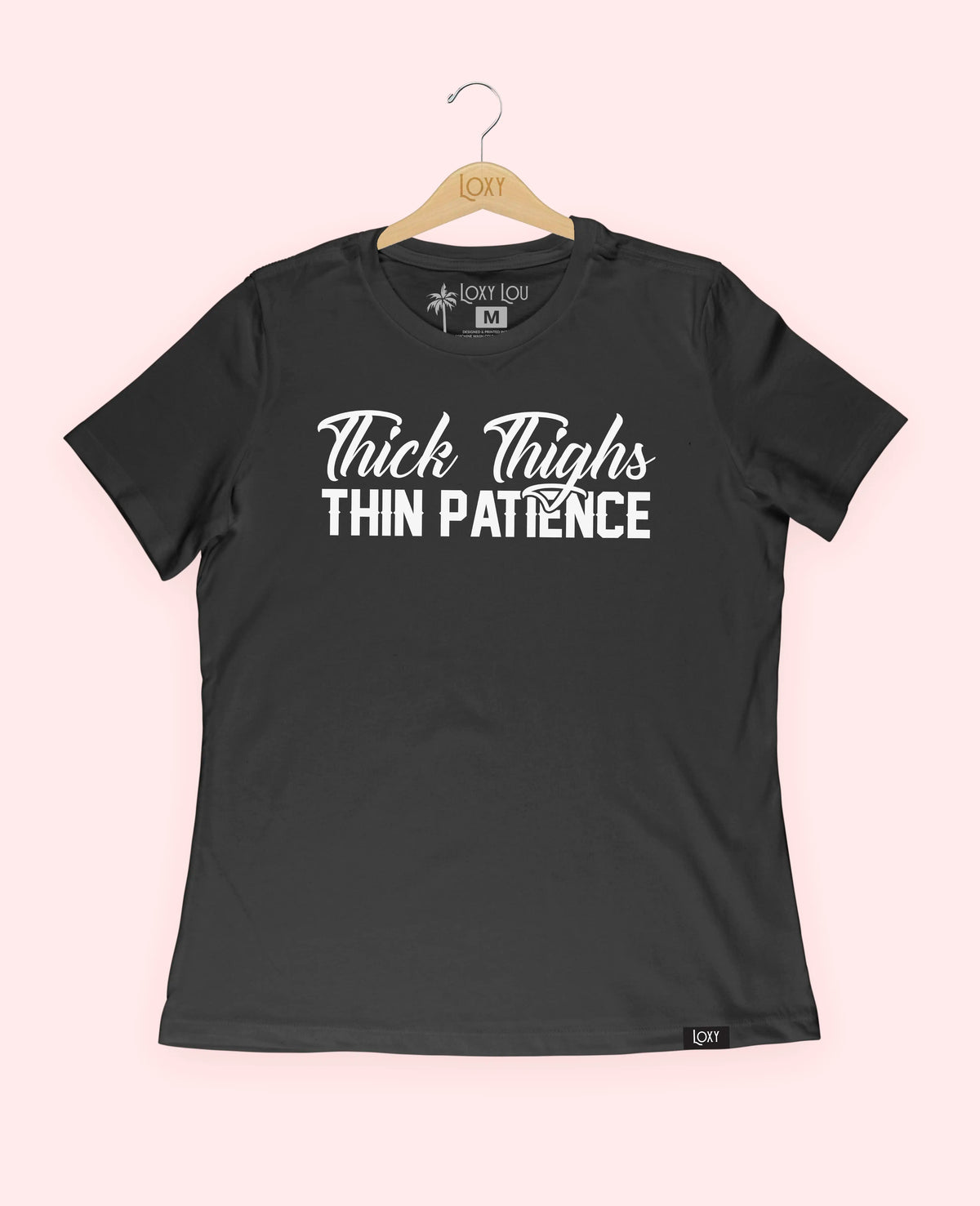 Black Tee 6400 Thick Thighs Thin Patience - White Logo.webp