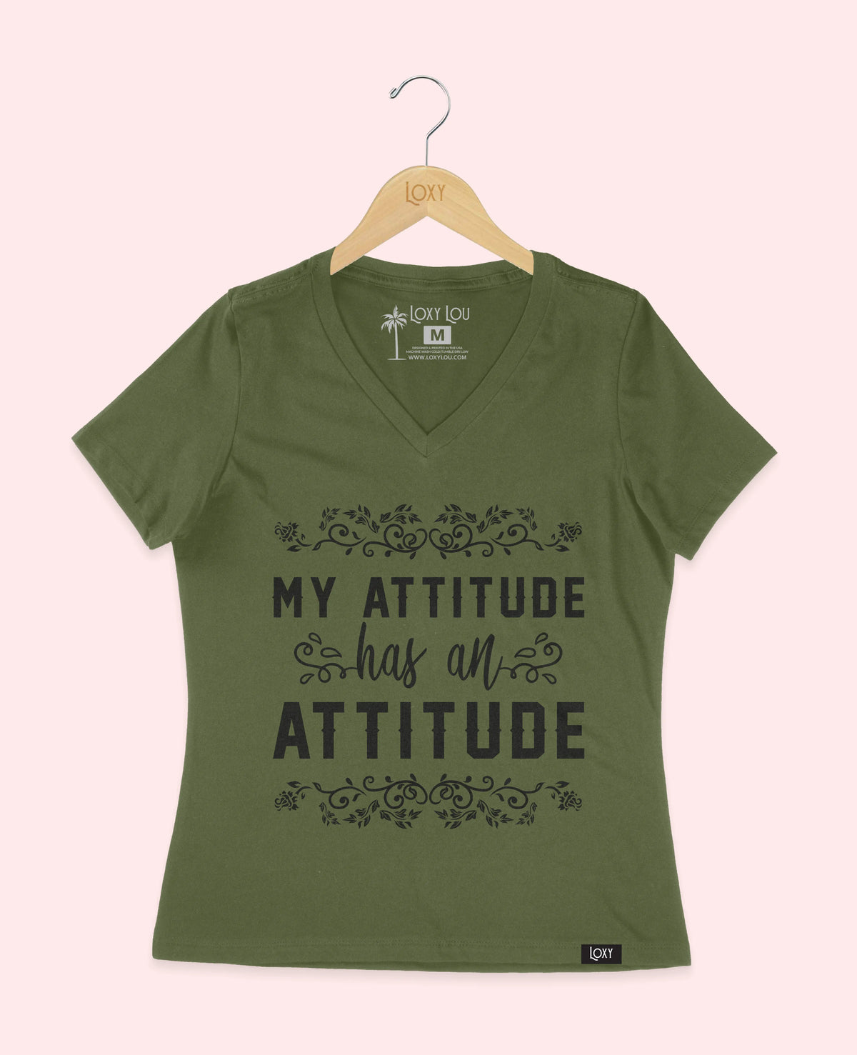 Military Green V-neck 6405 my attitude has an attitude - white.webp