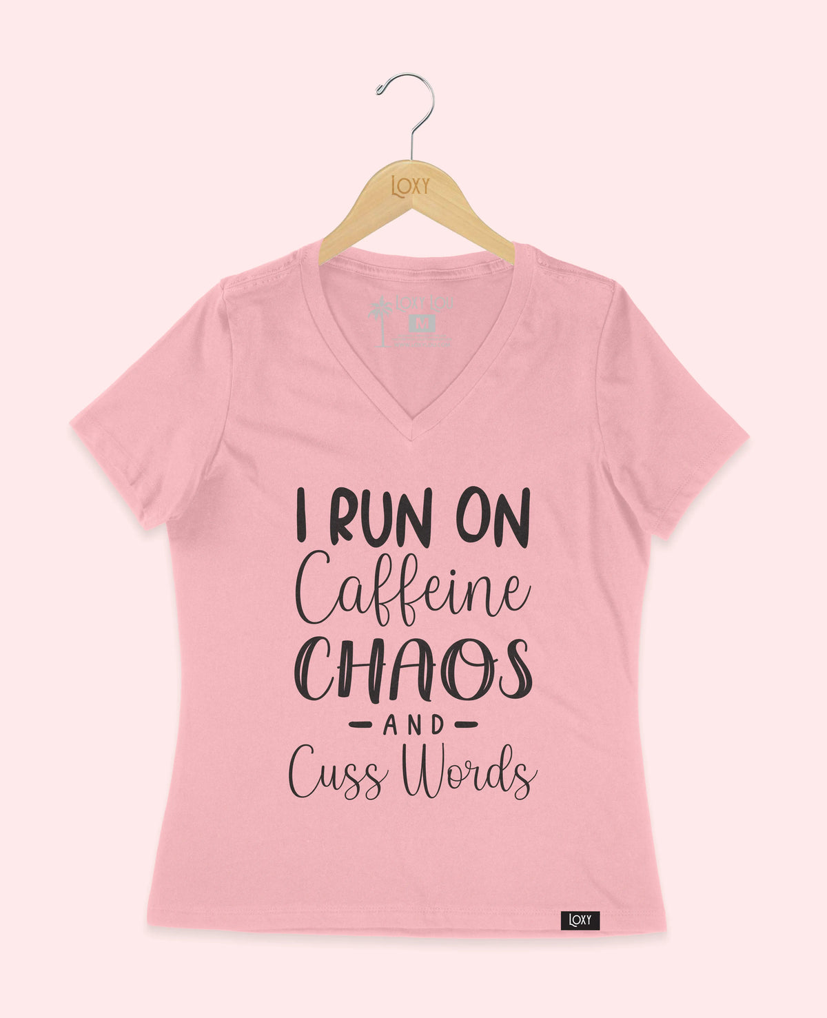 Pink V-neck 6405 Caffeine Chaos &amp; Cuss Words - Black.webp