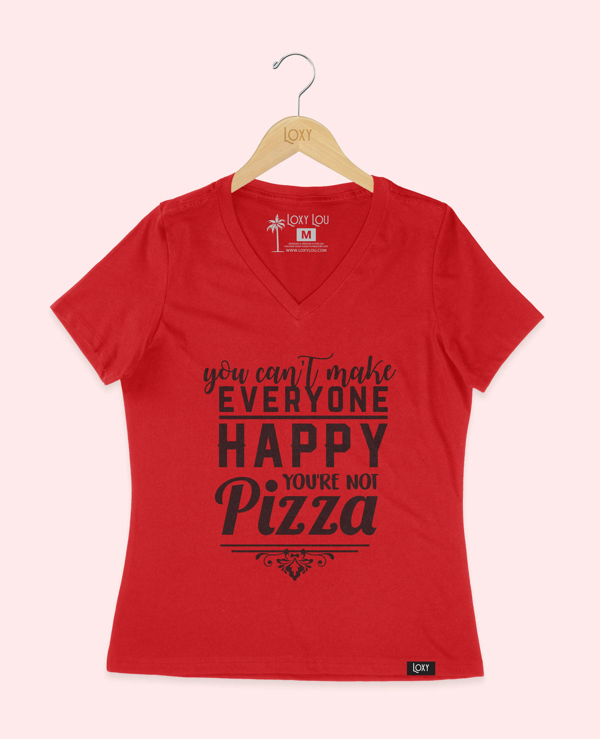 Red V-neck 6405 you cant make everyone PIZZA - black logo.webp