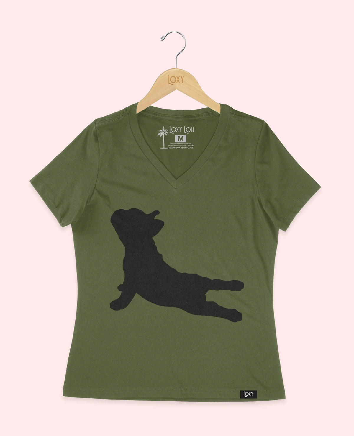 Military Green V-neck 6405 frenchieyoga1bk.webp