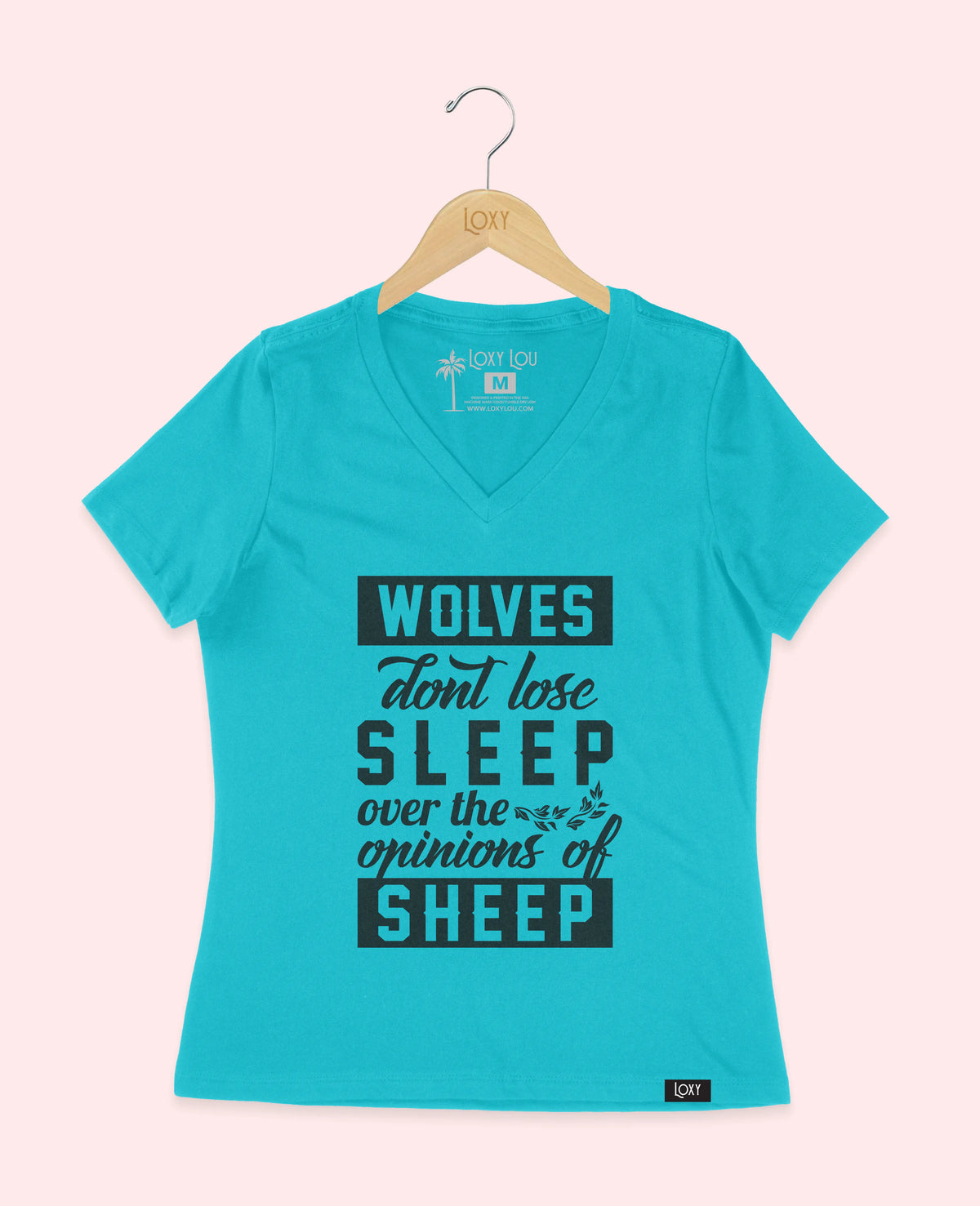 Turquiose V-neck 6405 Wolves don&#39;t lose sleep - white.webp