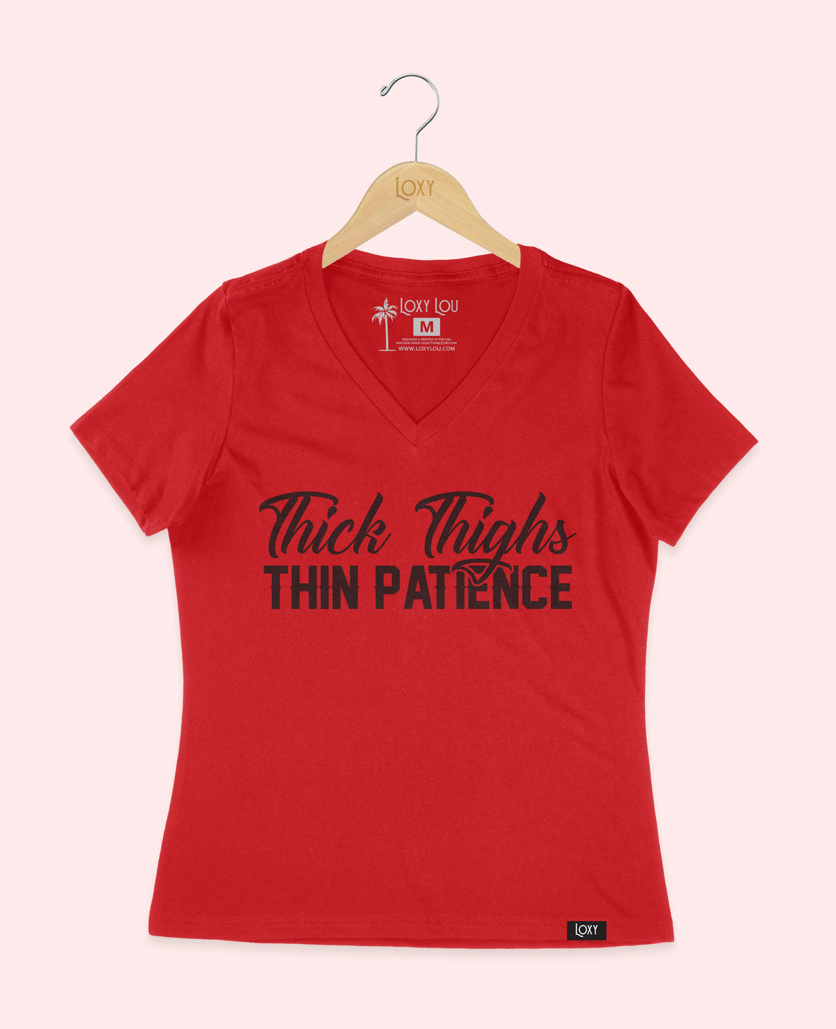 Red V-neck 6405 Thick Thighs Thin Patience - Black Logo.webp