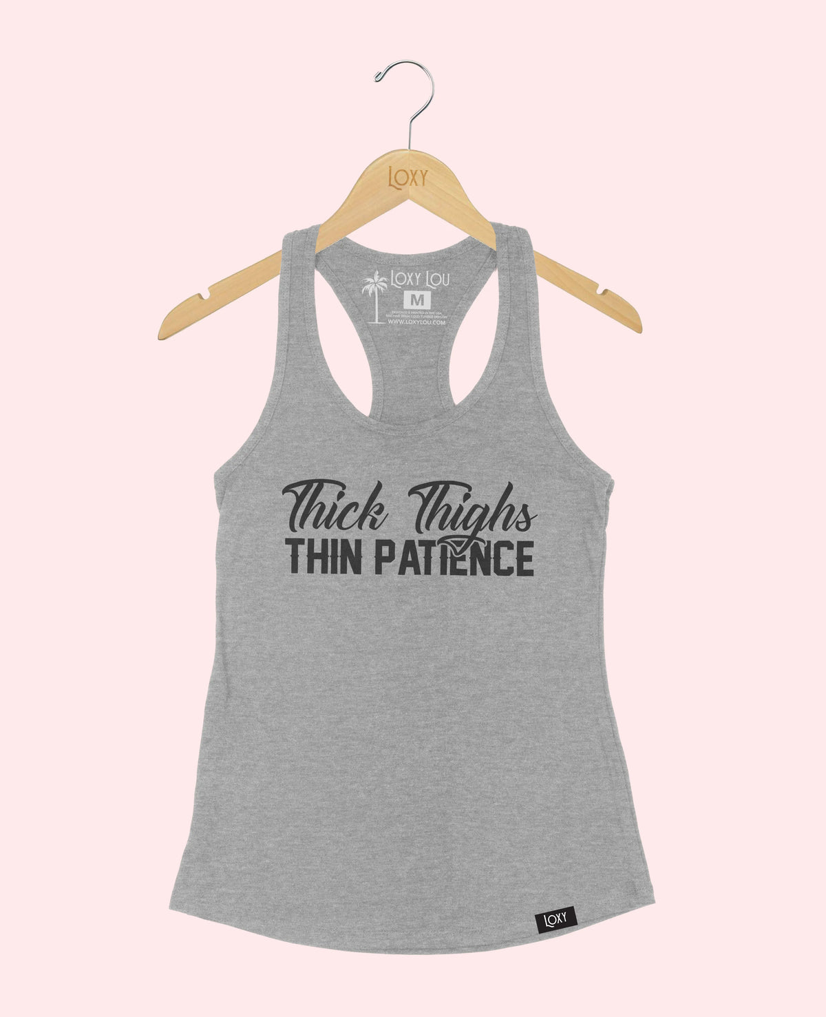 Heather Gray Tank Top 1533 Thick Thighs Thin Patience - Black Logo.webp