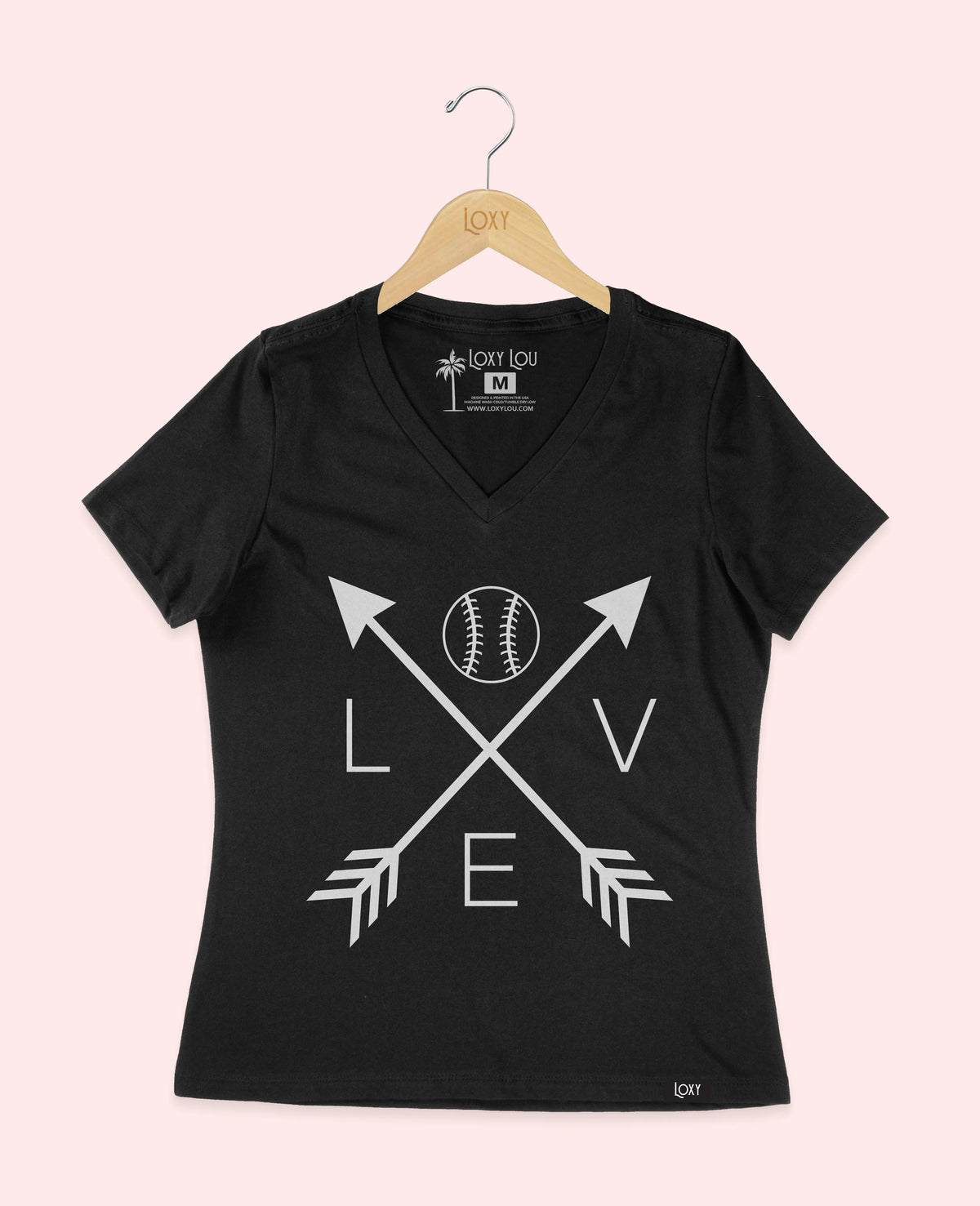 Black V-neck 6405 LoveBaseballArrows-White.webp