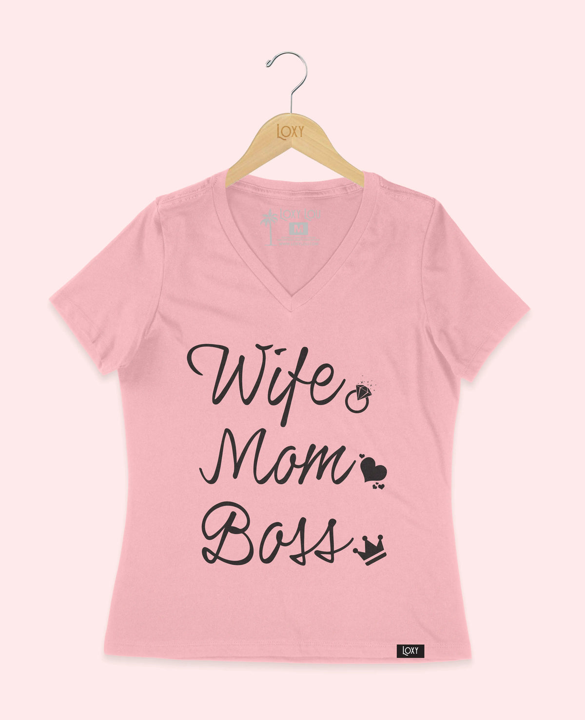 Pink V-neck 6405 wife mom boss logo - white.webp