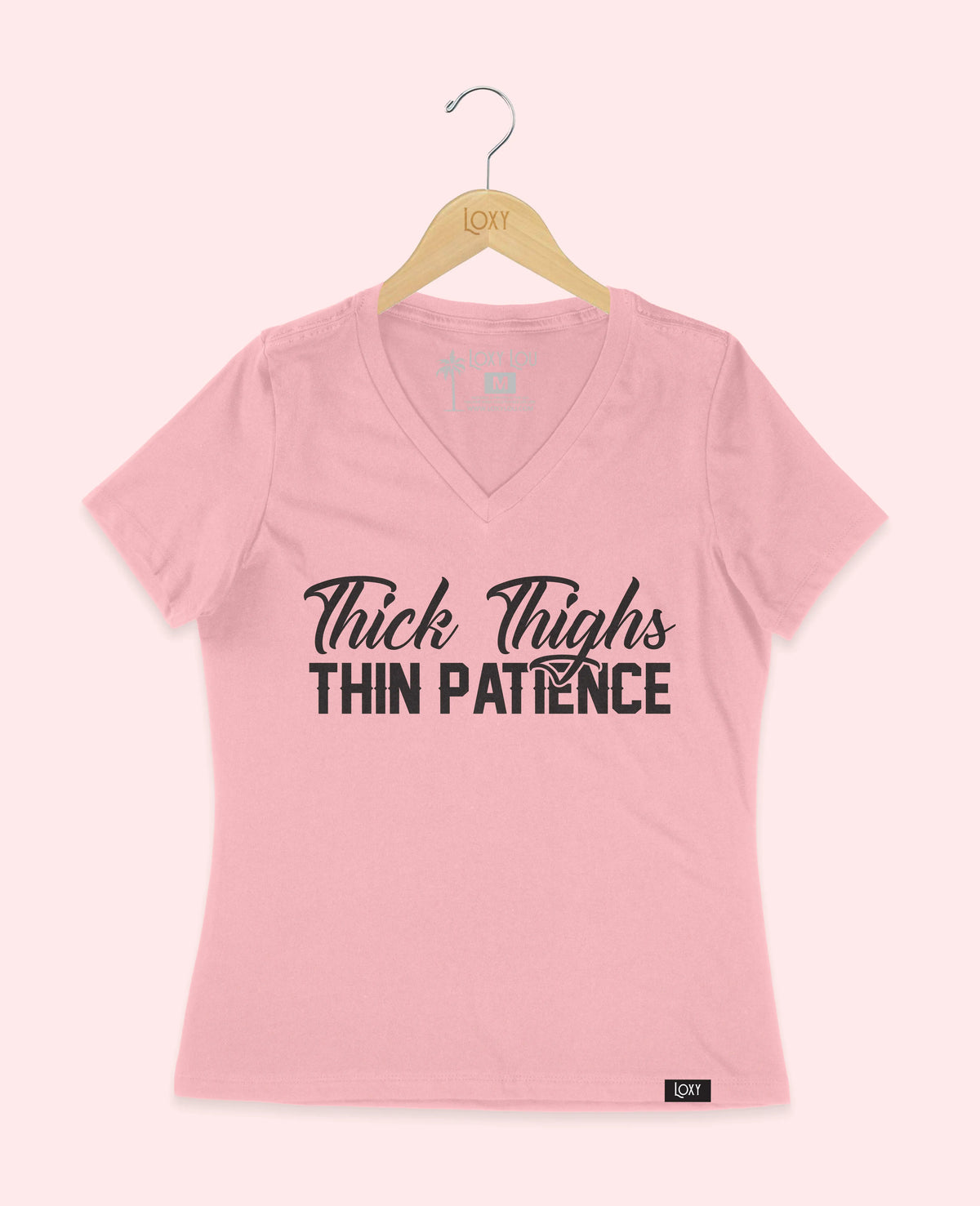 Pink V-neck 6405 Thick Thighs Thin Patience - Black Logo.webp