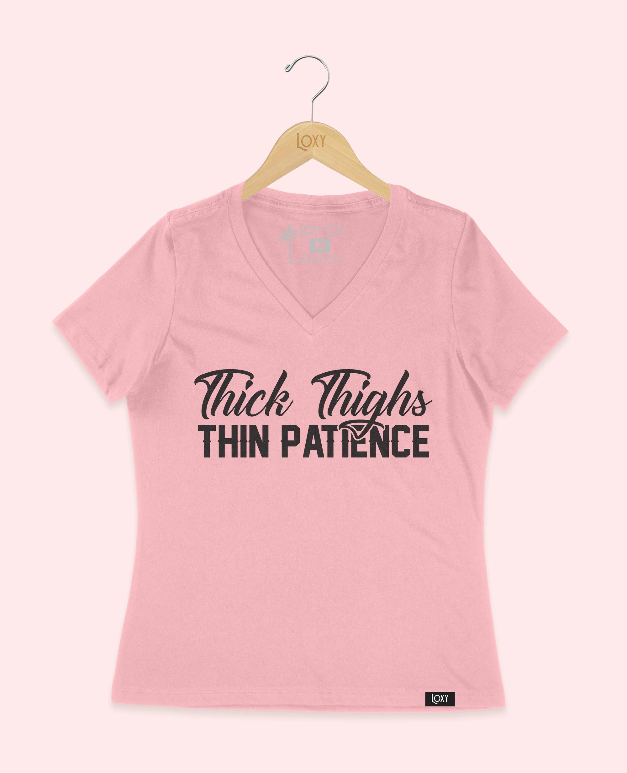 Pink V-neck 6405 Thick Thighs Thin Patience - Black Logo.webp