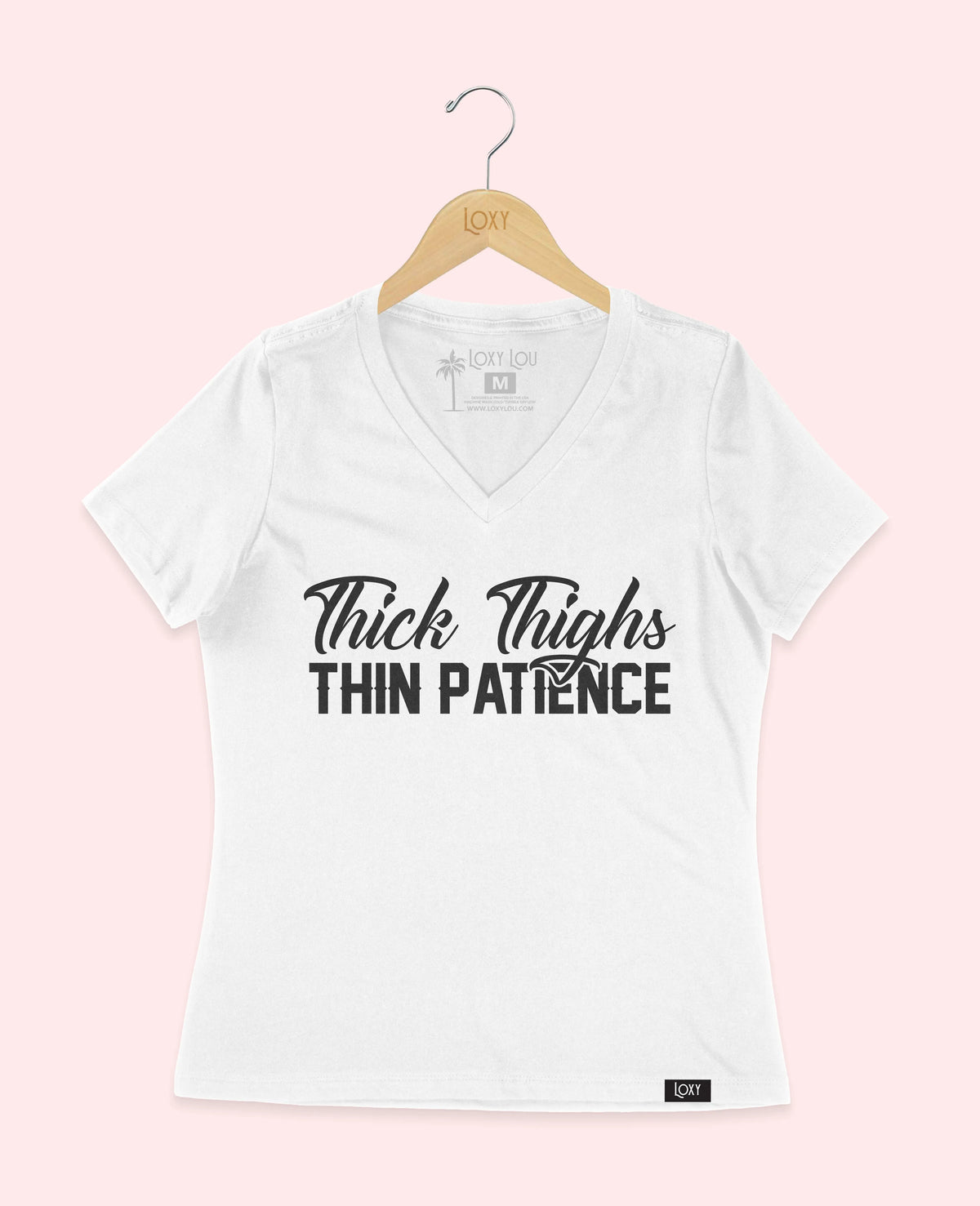 White V-neck 6405 Thick Thighs Thin Patience - Black Logo.webp