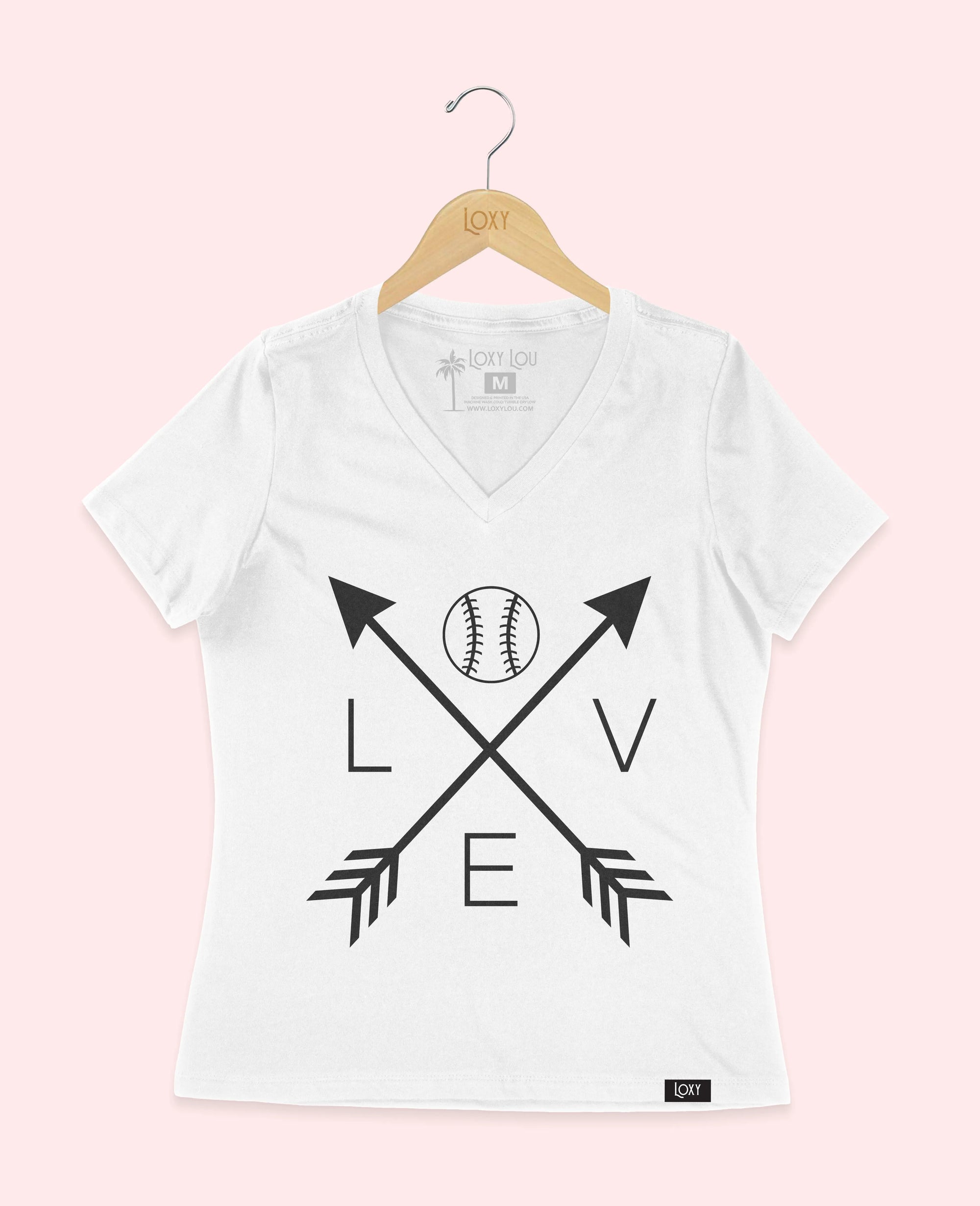 White V-neck 6405 LoveBaseballArrows-Black.webp