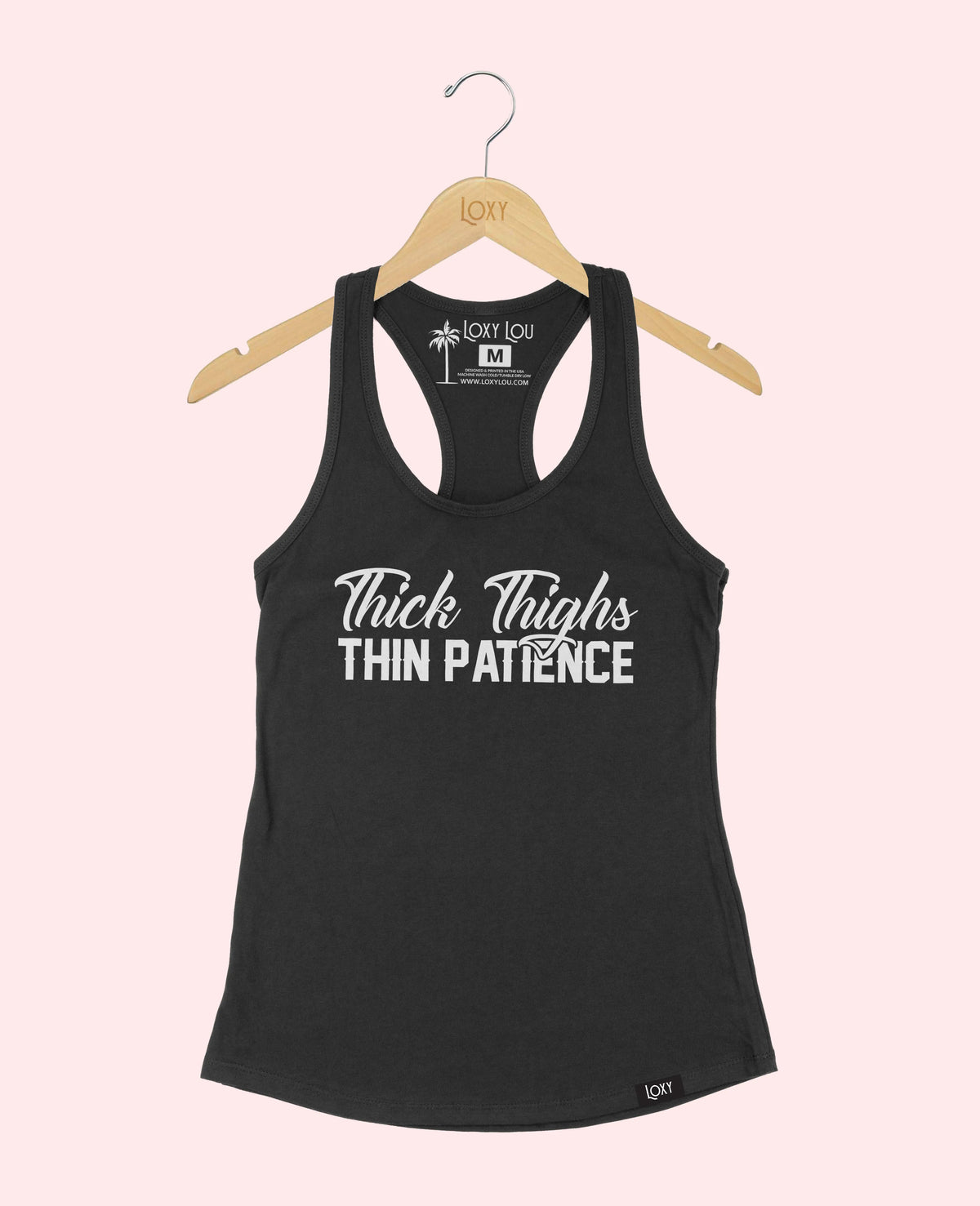 Black Tank Top 1533 Thick Thighs Thin Patience - White Logo.webp