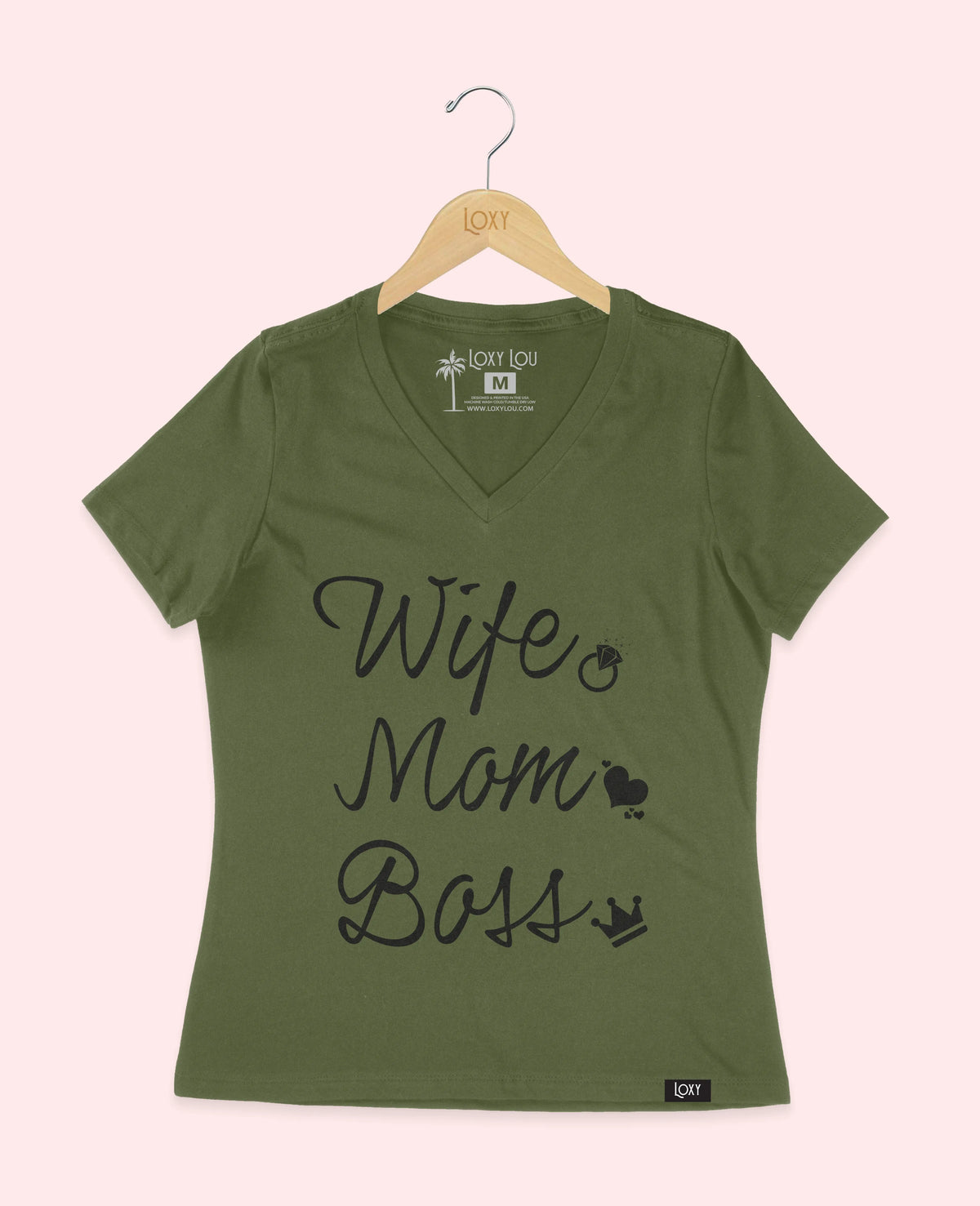 Military Green V-neck 6405 wife mom boss logo - white.webp