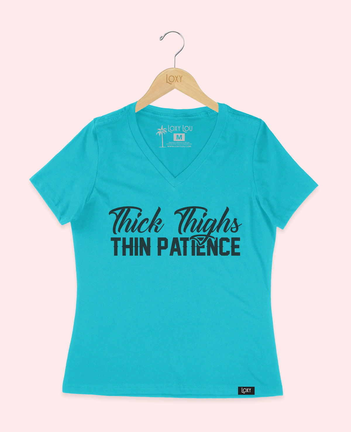 Turquiose V-neck 6405 Thick Thighs Thin Patience - Black Logo.webp