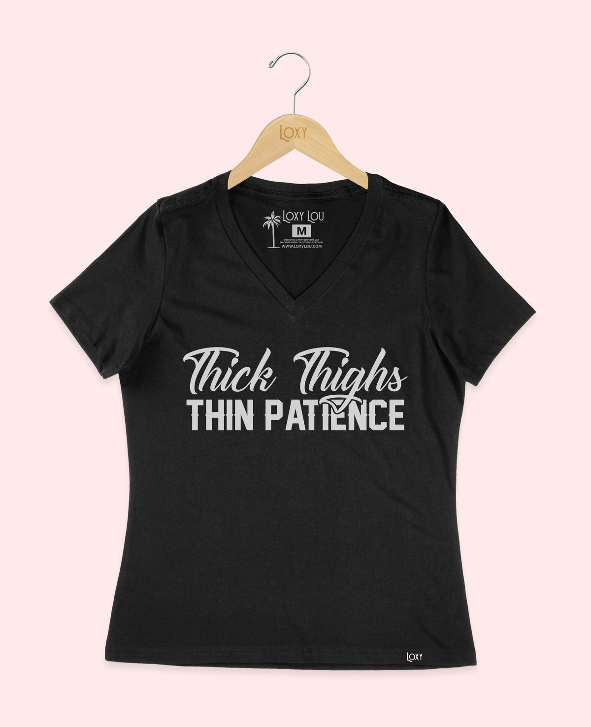 Black V-neck 6405 Thick Thighs Thin Patience - White Logo.webp