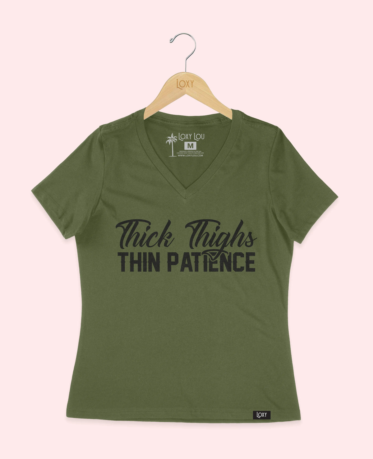 Military Green V-neck 6405 Thick Thighs Thin Patience - Black Logo.webp