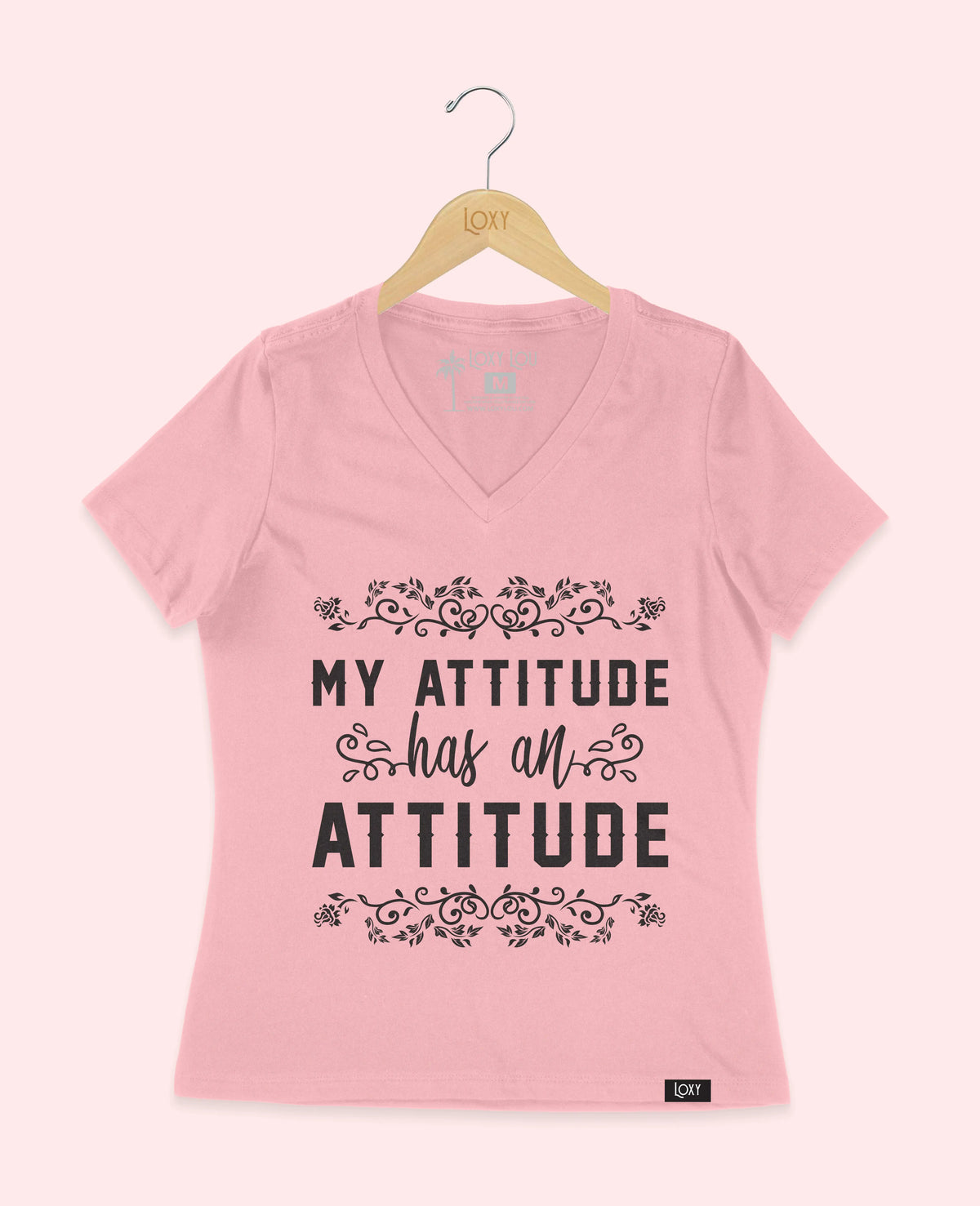 Pink V-neck 6405 my attitude has an attitude - white.webp