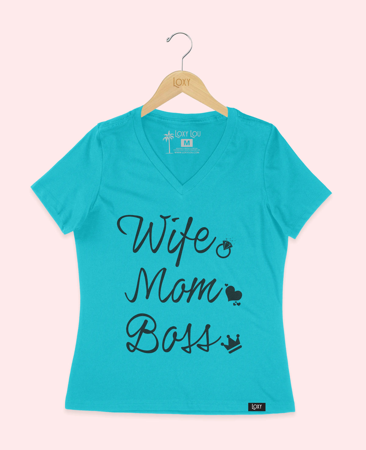 Turquiose V-neck 6405 wife mom boss logo - white.webp