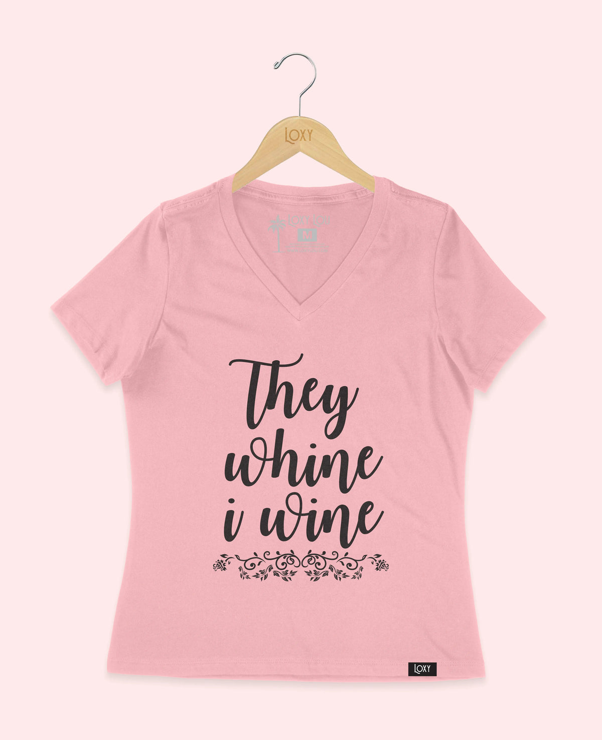 Pink V-neck 6405 They whine I wine - black.webp